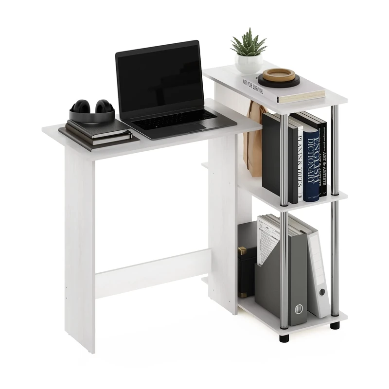 Furinno Corner Computer Desk with Bookshelf, Engineered Wood, White Oak/Stainless Steel, 59.99 (D) x 96.9 (W) x 84.99 (H) cm