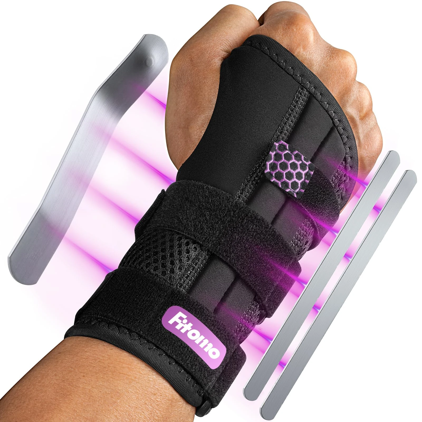 Fitomo Wrist Support with 3 Metal Splints and Soft Thumb Opening, Wrist Splint for Carpal Tunnel Arthritis Tendonitis Sprains, Hand Splint for Night Support Sleeping, 1 Unit, Left Hand