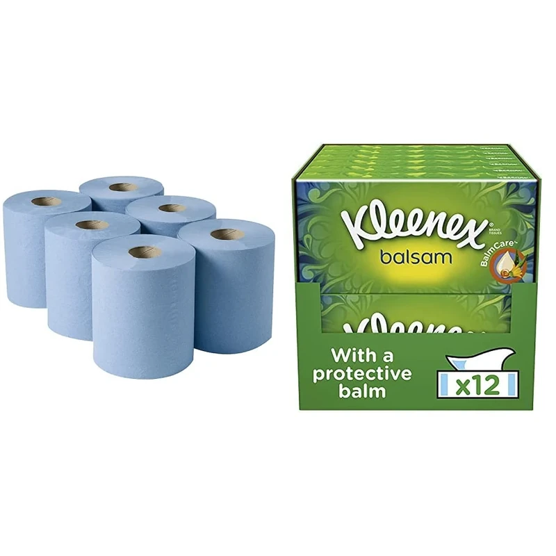 2WORK CBL373S Centrefeed Roll, 3-Ply, 135 m, Blue (Pack of 6) & Kleenex Balsam Facial Tissues - Pack of 12 Tissue Boxes- Balmcare® with Aloe Vera, Vitamin E and Calendula