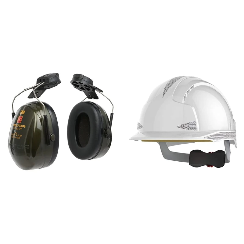 Peltor 3M Optime II Earmuffs, 30 dB, Green, Helmet Mounted, H520P3E-410-GQ & EVOLite CR2 Wheel Ratchet - White - Vented (JSP AJB170-400-100)
