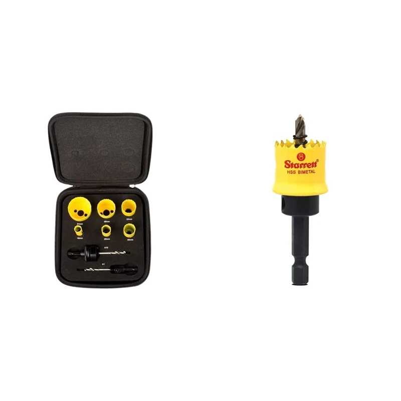 Starrett Bi-metal Hole Saw Kit - 8-Piece KFC06021 Fast Cut Electricians Hole Cutter Kit with Arbors & HSS Bi-Metal Hole Saw - CSC20 Cordless Smooth Cutting Hole Saw - 20mm