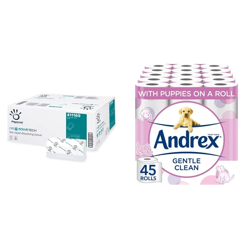 Papernet Dissolve Tech - V-Folded Paper Hand Towels (411169), 2 Ply, Folded Size 22 x 10.5cm & Andrex Gentle Clean Toilet Rolls - 45 Toilet Roll Pack - Bulk Buy Toilet Rolls