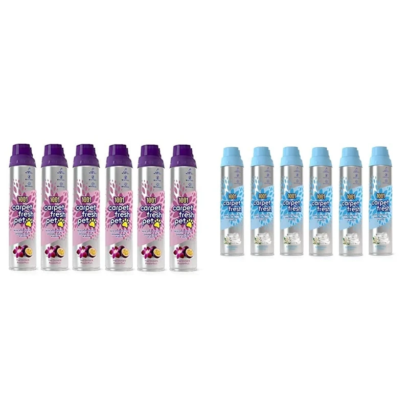 1001 BS70 Carpet Fresh Pet Thai Orchid & Passionfruit Fragrance, Pack of 6 300ml Aerosol Spray Can & Carpet Fresh Spray Soft Jasmine & Fresh Linen Fragrance, Hours Of Freshness, Pack of 6-300ml Can