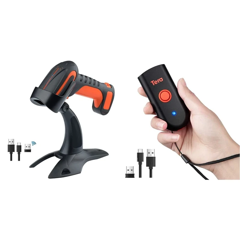 Tera Pro 2D Wireless Barcode Scanner, Bluetooth QR Code Reader, Orange & Mini 2D QR Bluetooth Barcode Scanner Wireless Portable 1D USB Wired Bar Code Reader 3 in 1