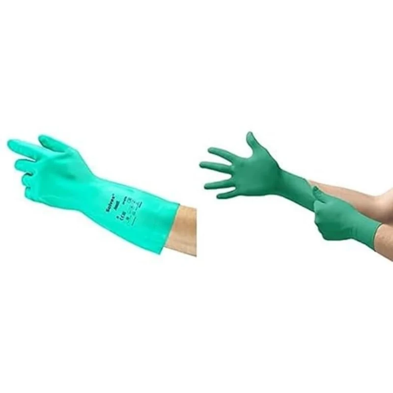 AlphaTec 37-675 Chemical Resistant Gloves, Green, Size L (12 Pairs) + TouchNTuff 92-600 Disposable Nitrile Gloves, High Chemical Resistance and Mechanical Protection, , Green, Size L (100 Gloves)