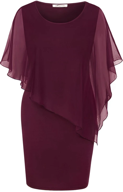 SeSe Code Women's Mesh Cape Overlay Bodycon Knee Length Pencil Dress for Wedding Guest, Wine Red, 3XL
