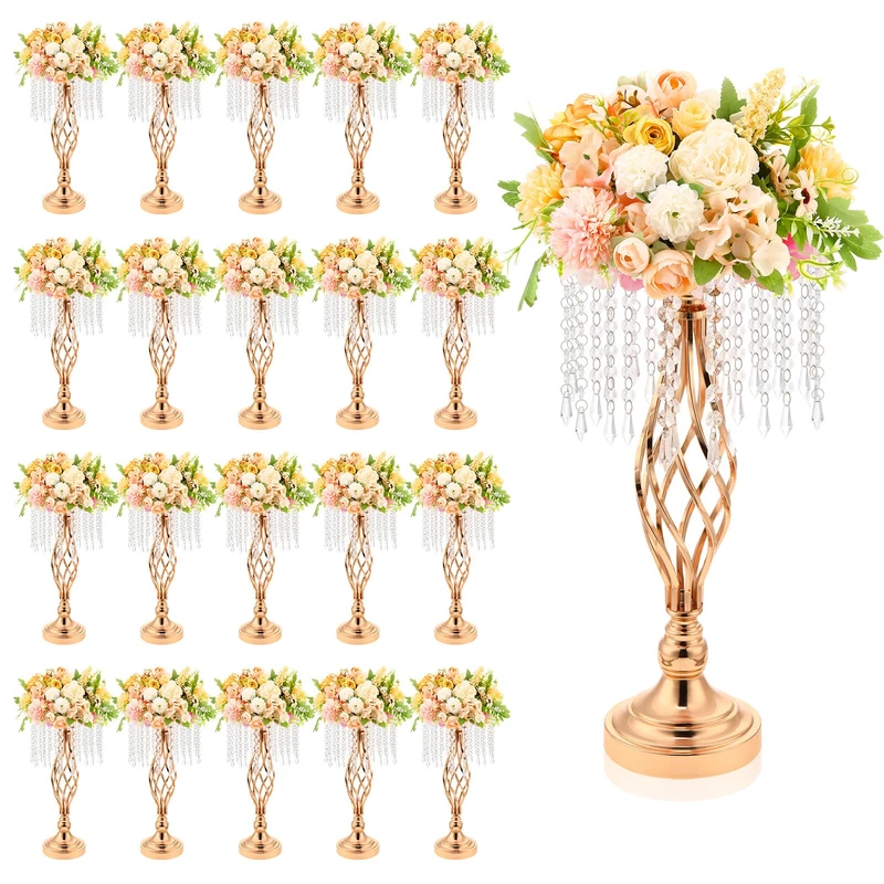 Wesiti 20 Pcs Crystal Gold Flower Stand Elegant Metal Flower Arrangement Stand with Chandelier Crystals 17.7" Tall Wedding Metal Flower Stand Gold Vase for Centerpieces Wedding Reception Hotel Favor