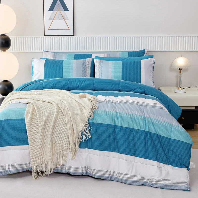 RYNGHIPY 8 Pieces Teal Grey Full Bed Comforter Sets, Soft All Season Boys Men Women Comforter Bedding Set, Turquoise Stripe Colorblock Bed in a Bag Lightweight Fluffy (Full,Teal Grey)