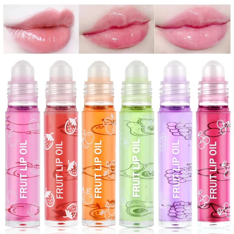AOOWU 6 Pcs Hydrating Lip Oil Set, Fruit-Flavored Plumping Lip Oil, Long Lasting Lip Glow Balm Lip Care, Transparent Moisturizing No-Sticky Lip Gloss(Peaches,Orange,Avocado,Strawberry,Grape,Cherry)8ML