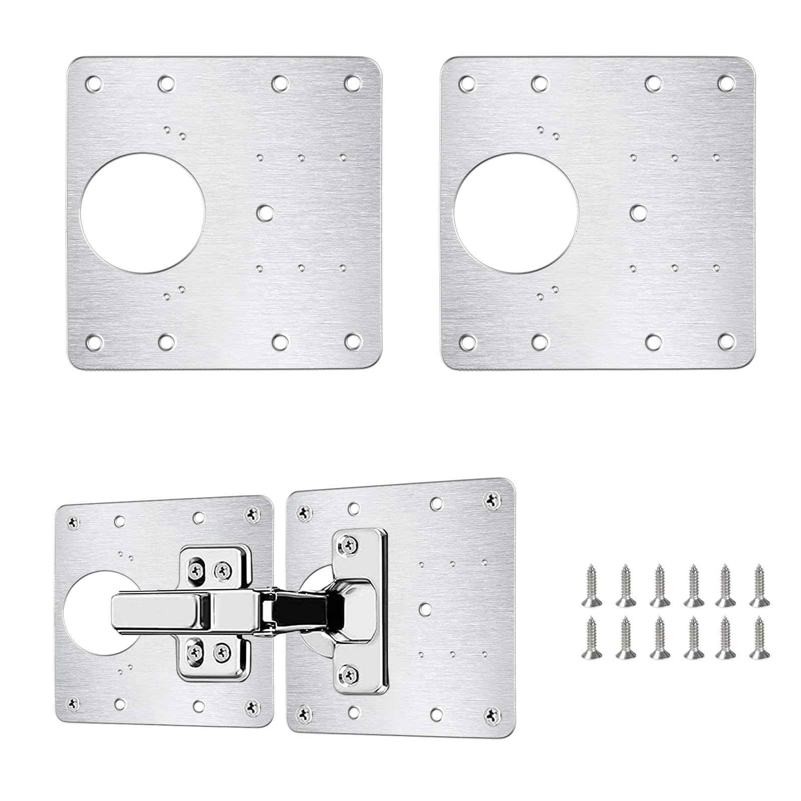 Flintronic 2PCS Hinge Repair Plate, Stainless Steel Hinges Repair Brackets, Cabinet Hinge Repair Plate with 12pcs Customized Screws, Flat Fixing Joining Mending Plates Brackets for Wood Furniture