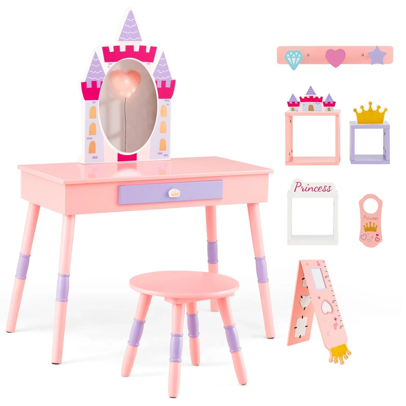 COSTWAY 2 in 1 Children's Dressing Table with Stool, Wooden Dressing Table Set with Drawer, Removable Mirror, Growth Ruler, 3 Hooks & 3 Cube Shelves, Dressing Table for Children Over 3 Years, Pink