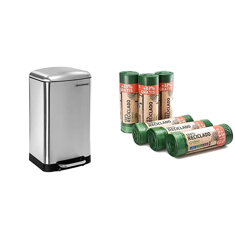 SONGMICS Rubbish Bin, 30L Trash Can, Steel Pedal Bin, with Inner Bucket and Lid, Silver Colour LTB01L, Metallic & Relevo 100% Recycled Bin Liners, Heavy Duty 30L