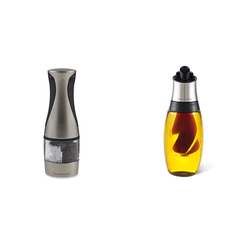 Cole & Mason H946820 Kew Salt and Pepper Mill | Electronic | Brushed Chrome | 210mm & H103069 Bristol Duo Oil & Vinegar Pourer | Oil Dispenser/Vinegar Dispenser | Glass/Stainless Steel | 230mm