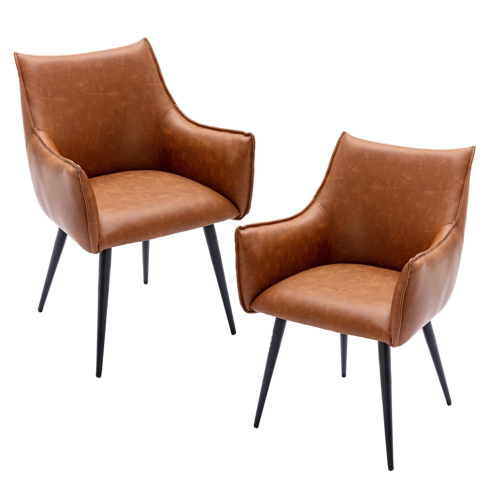chairus Set of 2 Living Room Armchairs PU Leather Modern Occasional Tub Chair Upholstered Accent Chair with Metal Legs (Brown-2)