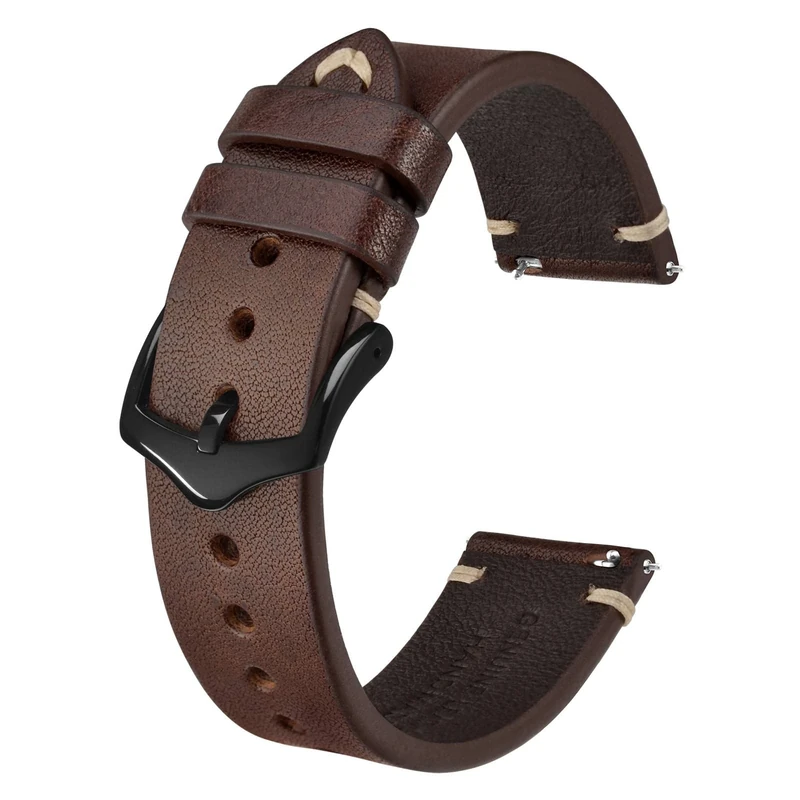 BISONSTRAP Men's Watch Straps, Hand-Stitched Leather Watch Replacement Bands, Quick Release, 19mm, Coffee Brown with Black Buckle