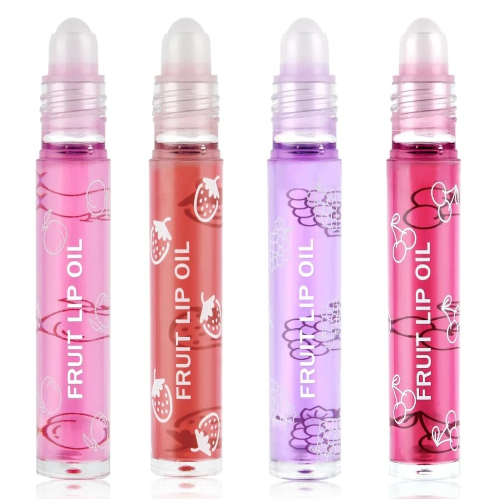 AOOWU 4 Pcs Hydrating Lip Oil Set, Fruit-Flavored Plumping Lip Oil For Dry Lip, Long Lasting Lip Glow Balm Lip Care, Transparent Moisturizing No-Sticky Lip Gloss(Peaches, Strawberry, Grape, Cherry)