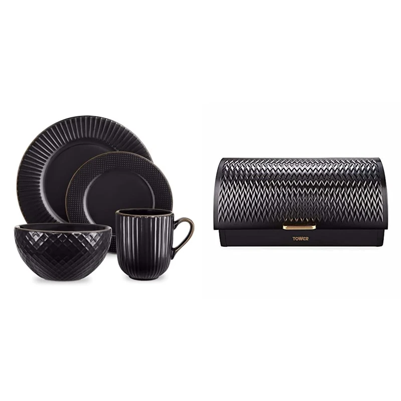 Tower T867002BLK Empire 16 Piece Dinnerware Set, Stoneware, Black and Brass & T826090BLK Empire Roll Top Bread Bin, Stainless Steel, Black and Brass, One Size