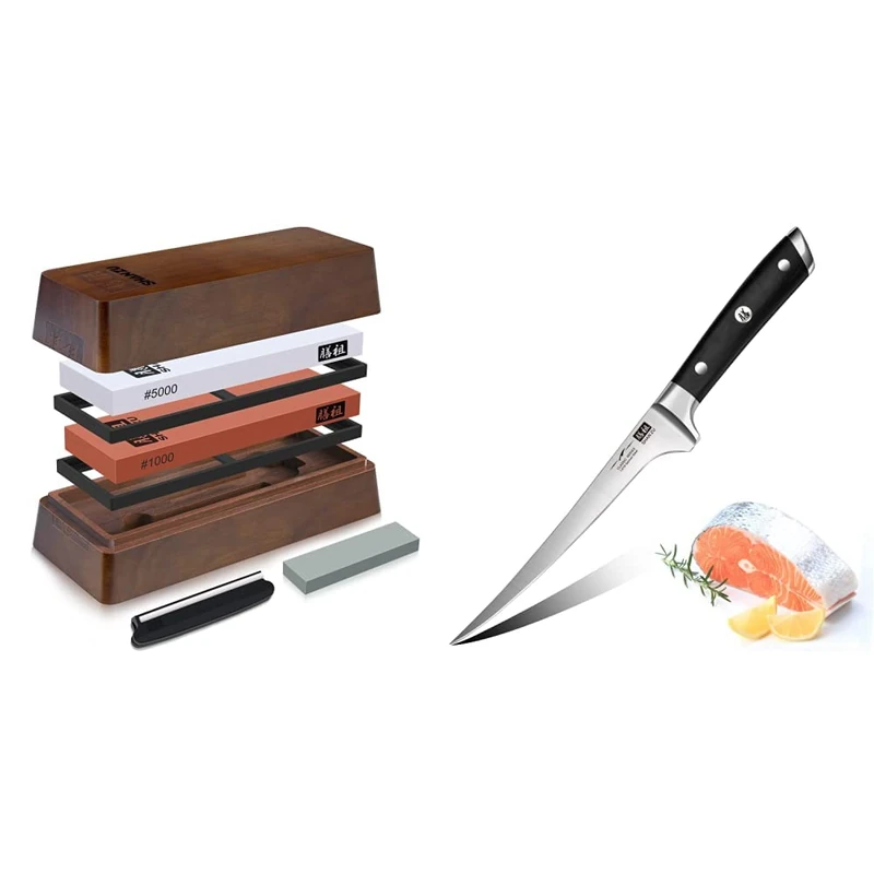 SHAN ZU Sharpening Stone with Storage Box, Whetstone Set Knife Sharpening Stone 2 Pieces Grit & Filleting Knife 7 inch- Edge Deboning Fish and Meat