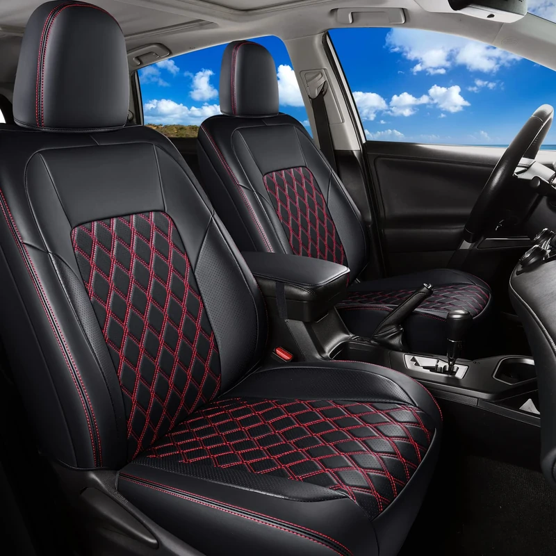 Huidasource Toyota RAV4 Seat Covers Full Set, Full Coverage Leather Seat Cover, Custom Seat Cushion Protector Fit for 2013-2018 Toyota Rav4 XLE LE XLE Premium Limited(Not for Hybrid, Black&Red)