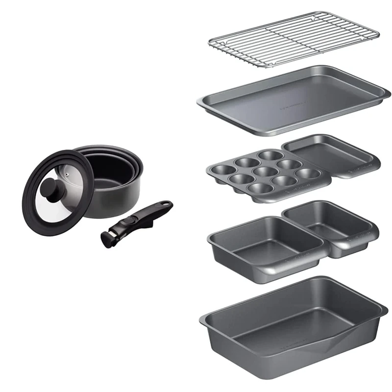 MasterClass Smart Space Saucepans, Non-Stick Saucepans for All Hobs, 5-Piece Set, Grey & Smart Space Stacking Non-Stick Bakeware Set, 7 Piece Baking Trays, Gift Boxed