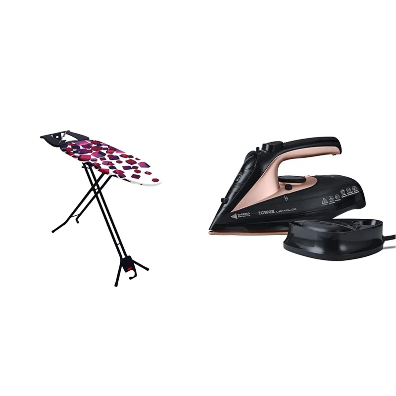 Mabel Home Space Saving Ironing Board, Easy Storage & Tower T22008RG CeraGlide Cordless Steam Iron with Ceramic Soleplate and Variable Steam Function, Black and Rose Gold