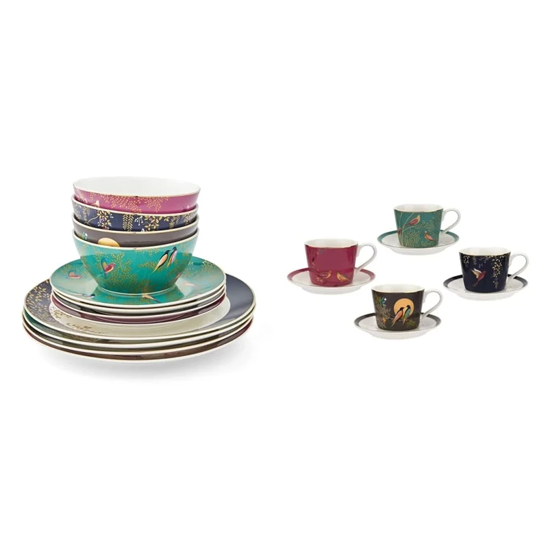 Sara Miller SMC79243-XD London Chelsea Collection 12 Piece Tableware Set, Porcelain, Gold,White & SMC79194-XG London Chelsea Collection 4 fl oz Espresso Cups & Saucers Set of 4, Porcelain