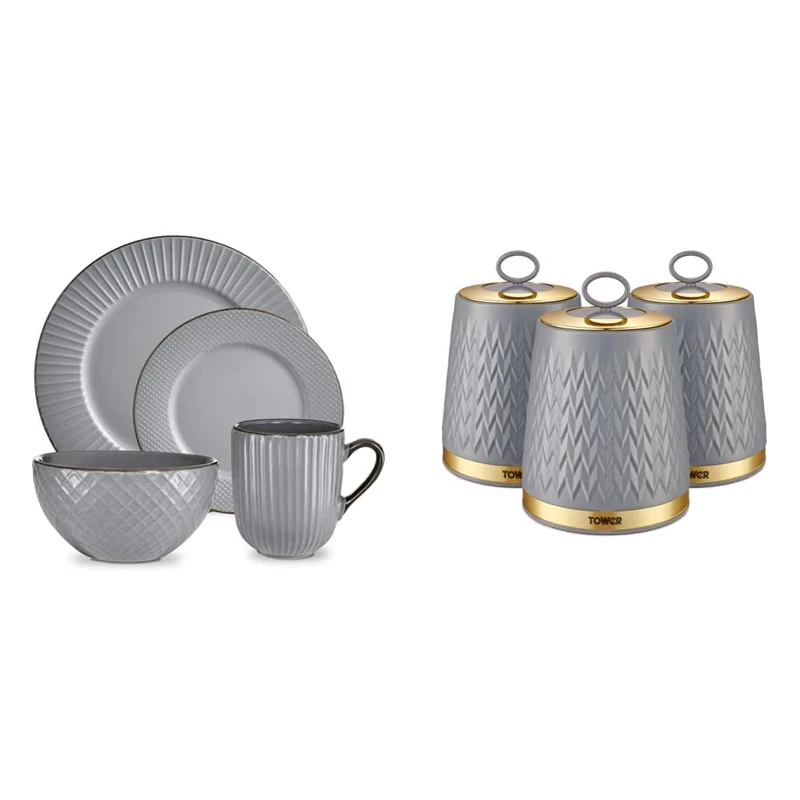 Tower T867002GRY Empire 16 Piece Dinnerware Set, Stoneware, Grey and Brass & T826091GRY Empire Set of 3 Storage Canisters for Tea Coffee Sugar, Grey and Brass, 1.3L, One Size