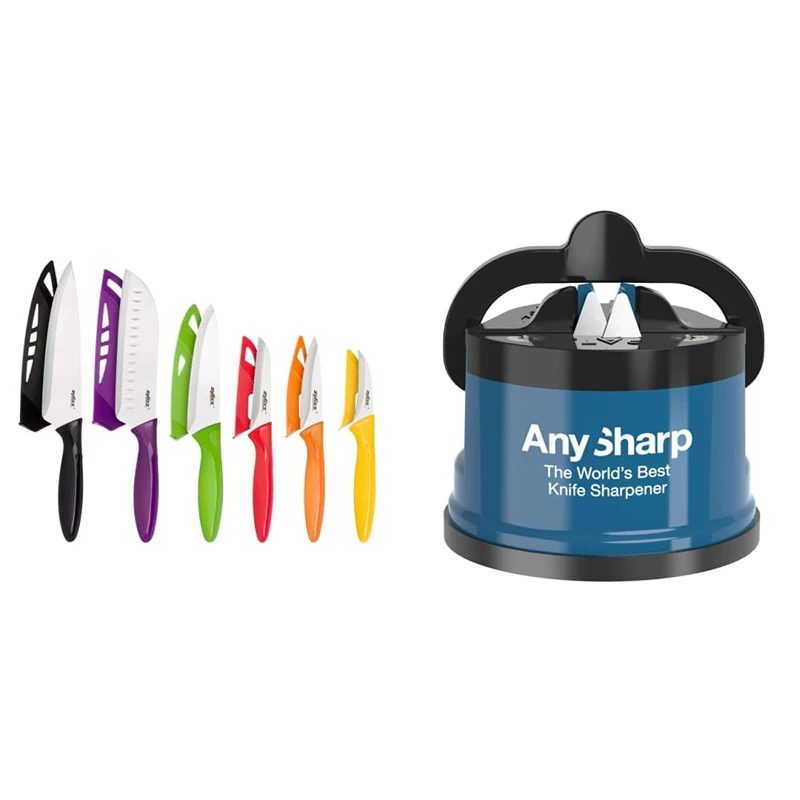 Zyliss E920144 6 Piece Knife Set | Multiple Sizes | Stainless Steel | Multicolour | 6 x Kitchen Knives with Protection Covers & AnySharp Knife Sharpener with PowerGrip, Blue, One Size