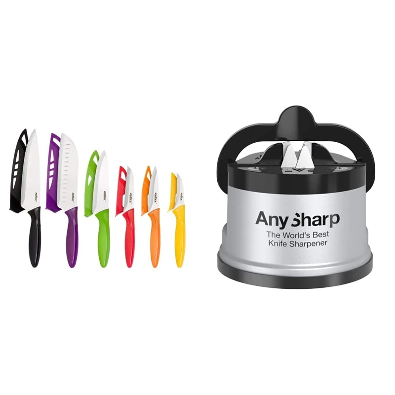 Zyliss E920144 6 Piece Knife Set | Multiple Sizes | Stainless Steel | Multicolour | 6 x Kitchen Knives with Protection Covers & AnySharp Knife Sharpener with PowerGrip, Silver, One Size