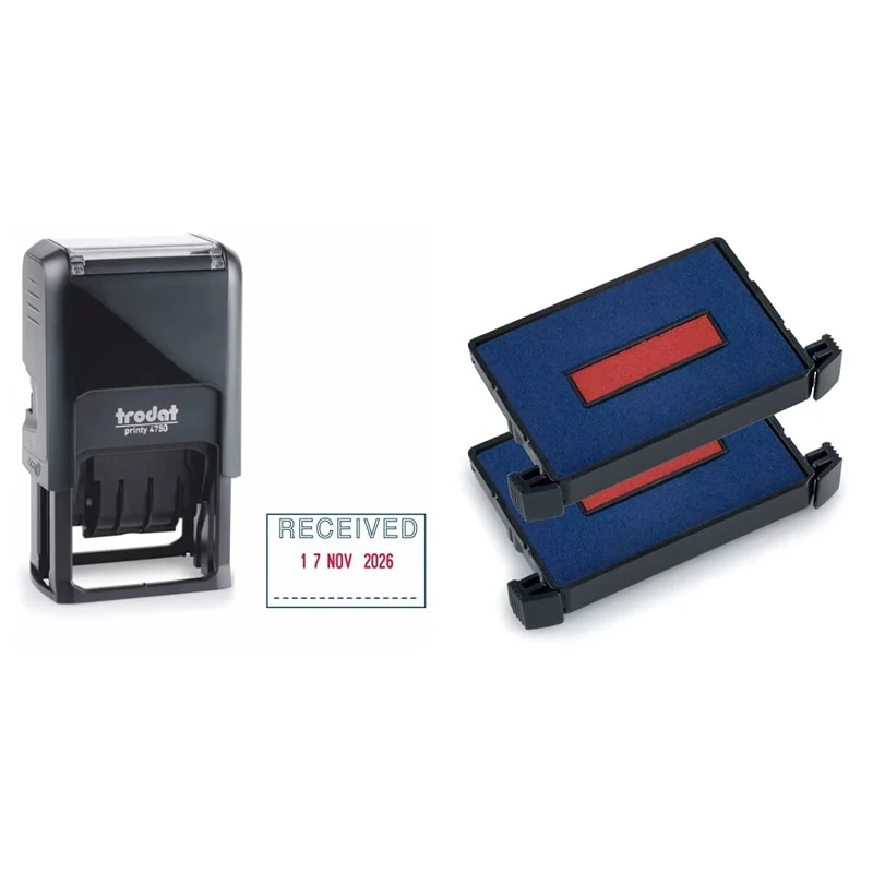 Trodat Printy 4750 Dater Stamp with English Phrase Received - Self Inking & Replacement Ink Pads 6/4750/2 - Pack of 2 - Red/Blue - for The Printy 4760, 4750, 4750/L and 4755