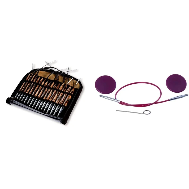 Prym 4-10 mm Circular Knitting Pins Set, Natural, Wood, 10 & KnitPro KP10500 20cm Single Cable to Make 40cm Interchangeable Needle Purple