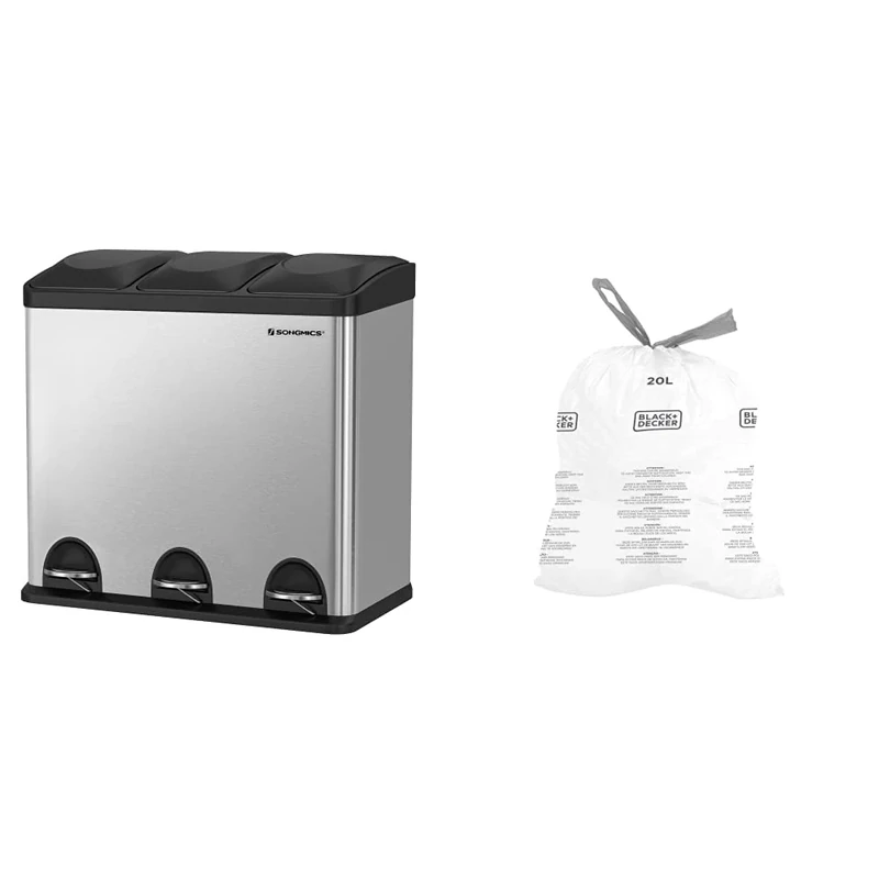 SONGMICS 54L Recycling Bin, Rubbish Bin, Steel Pedal Bin with 3 Sections, Silver and Black LTB54L & BLACK+DECKER BXBB00020E 20L Drawstring Bin Liners, 20 Pack, White