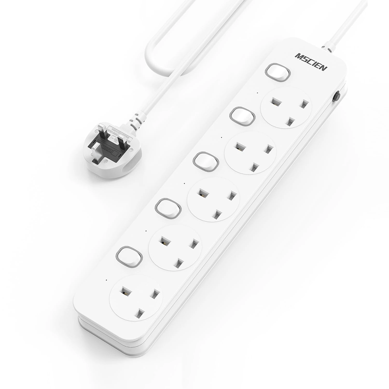 Mscien 3M Extension Lead 5 Way Plug Sockets with Individual Switches, Overload/Surge Protection Wall Mountable Power Strip 3 metre Extension Cable 13A/3250W