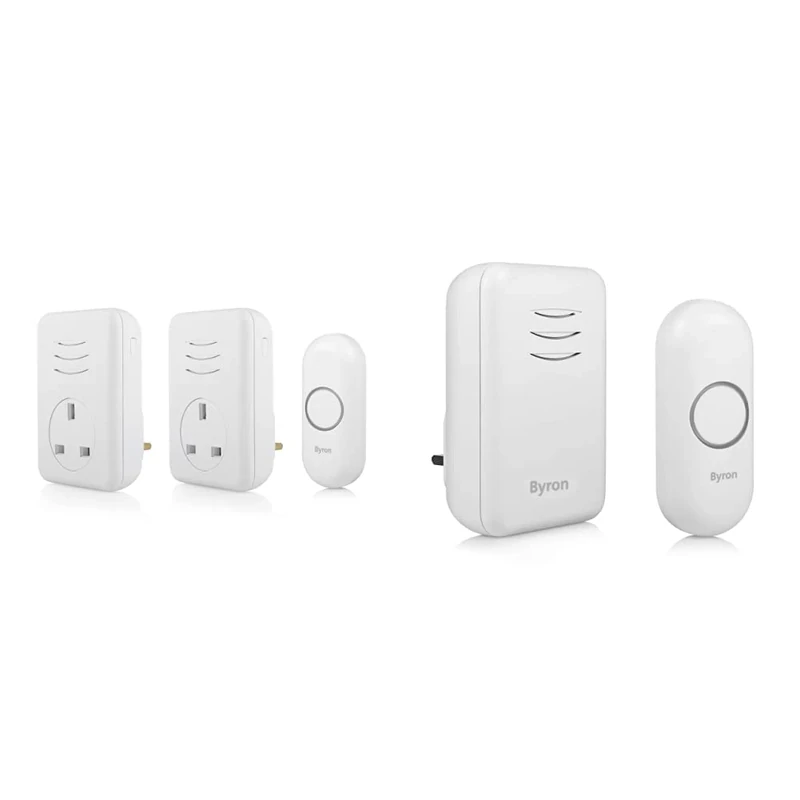 Byron DBY-22317UK Wireless Portable Doorbell Set, 150m Range, 16 Melodies, White & DBY-22312UK Wireless Plug In Doorbell Set, 150 m Range, 16 Melodies, White