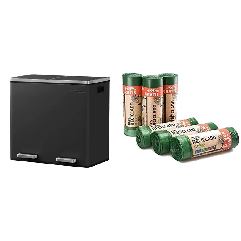 SONGMICS Recycling Bin, Double Trash Can, 2 x 24L, with 2 Compartments, Soft-Close Lids, Pedals, Black LTB48BK & Relevo 100% Recycled Bin Liners, Heavy Duty 30L, 120 Bin Bags