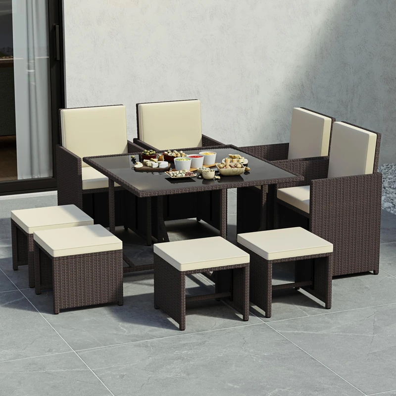 Garden Vida Cuba 8 Seater Rattan Set With Cover | Brown | Outdoor Garden Patio Dining Table Set | Steel Frame & PE Wicker | Weather Resistant, Tempered Glass, Cushions, Chairs, Stools + Cover - Image 1