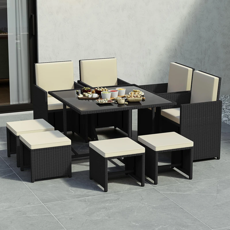 Garden Vida Cuba Rattan Furniture Set Outdoor Garden Patio Dining Table Set With Cushions Weather Resistant (Black, 8 Seater With Cover)