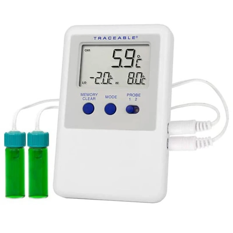 Cole-Parmer Traceable Ultra™ Refrigerator/Freezer Thermometer with Calibration; 2 Vaccine Bottle Probes