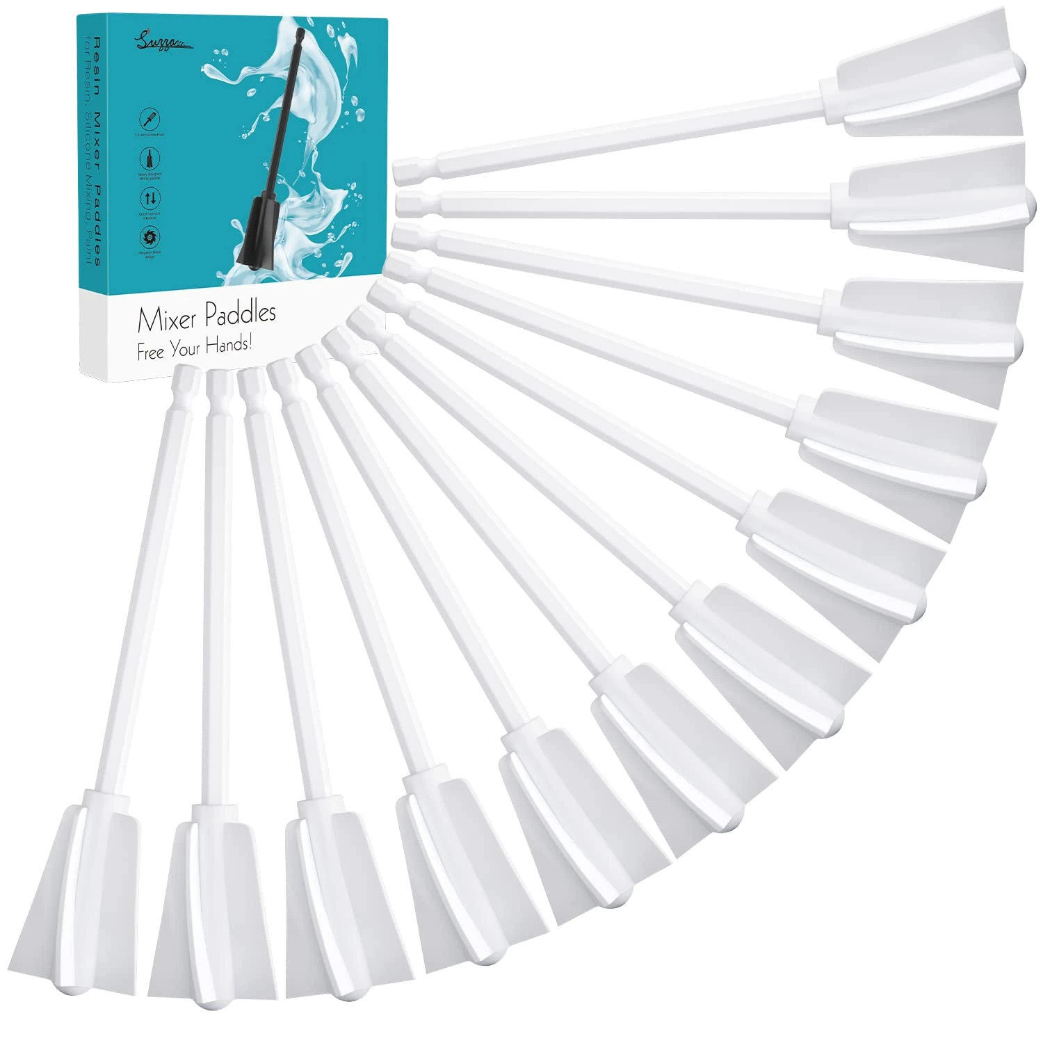 Resin Mixer Paddles, Suzzam 12 Pcs Epoxy Mixing Paddle Paint Mixer for Drill, Reusable Paint Stirrer for Resin, Silicone Mixing, Paint White SZ-SZJB-12