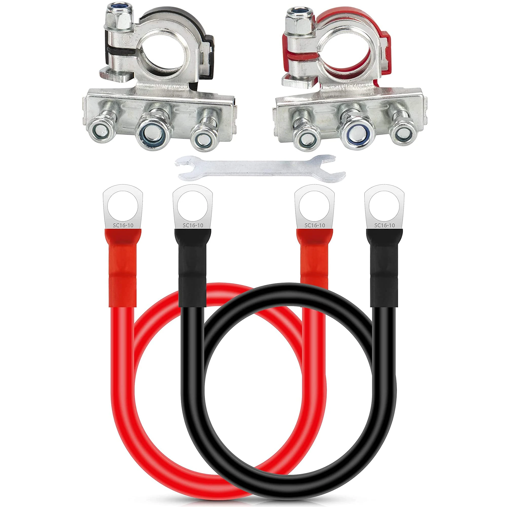 BONFQERT Car Battery Terminals Connectors - 2pcs 12V Automotive Top Post Car 3 Way Battery Wire Cable Terminals, 5 AWG Automotive Wire Set with Terminals(0.39" Ring, Length:20")