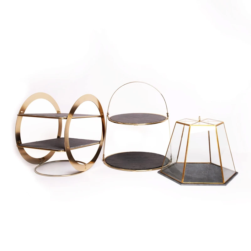 Bundle of Artesà Cake Stand, 29.5 x 29.5 x 35 cm + Artesà Wheel Frame Food Display Stand, 31.5x22.5x30cm, + Artesà Geometric Glass Cake Dome, Slate Serving Board, 31 x 27.5 x 25cm