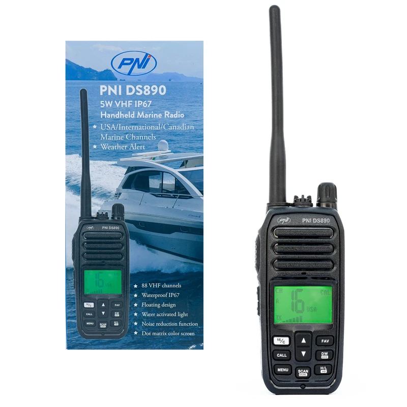 PNI DS890 Portable Marine Radio Transmitter, 88 Channels, 10 Weather Channels, Adjustable Squelch, Roger Beep, Dual Watch, Scan, Call, NRC, 1800 mAh Battery, IP67