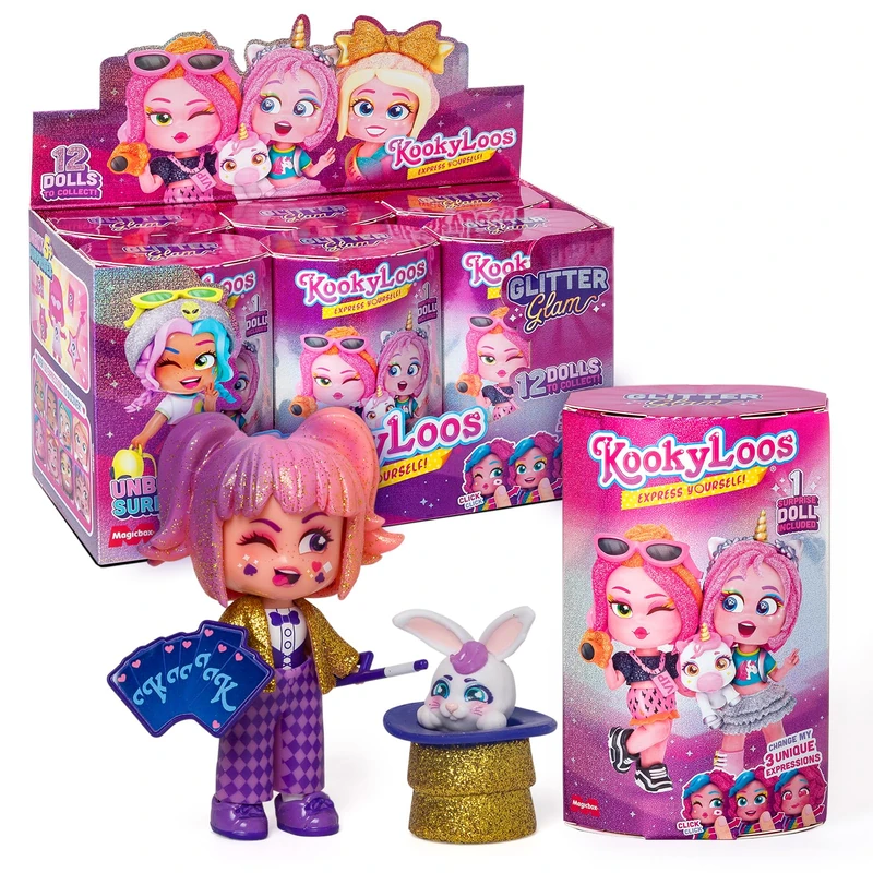 KOOKYLOOS Glitter Glam series – Box with 6 collectible dolls each with 3 different faces. Comes with fashion accessories, clothing, shoes and toys. Version A