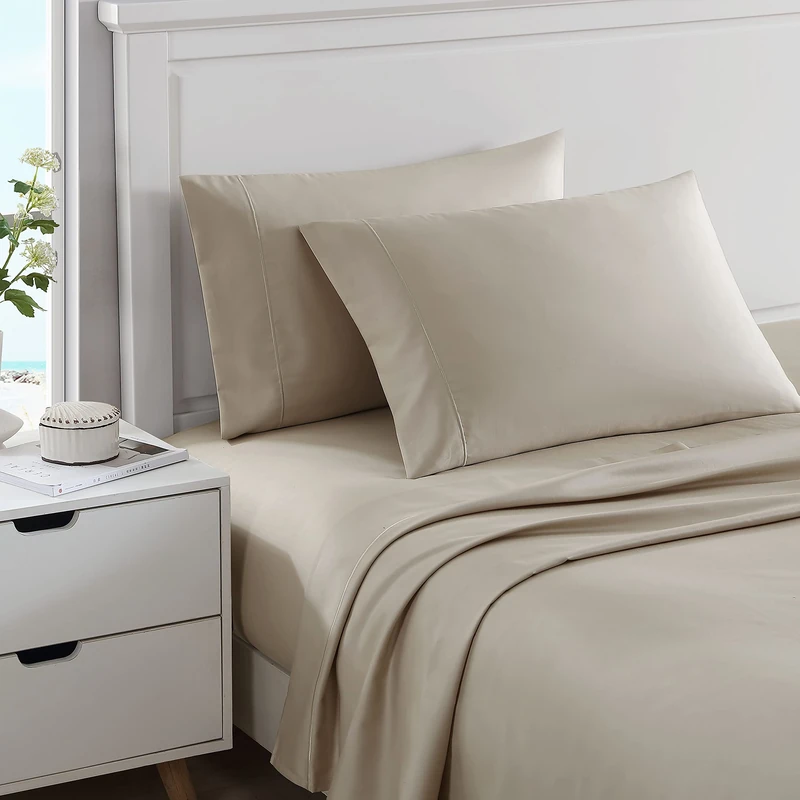 Nautica - Queen Sheets, Cotton Sateen Bedding, 400 Thread Count, Silky Smooth & Wrinkle Resistant (Regatta Beige, Queen)