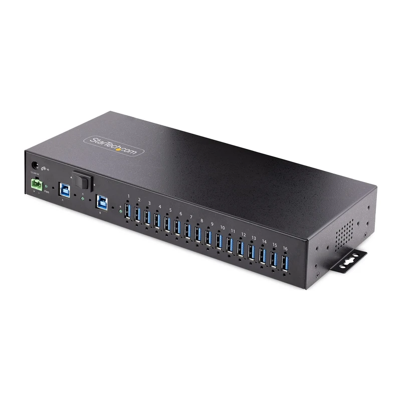 StarTech.com 16-Port Industrial USB 3.0 Hub 5Gbps, Metal, DIN/Surface/Rack Mountable, ESD Protection, Terminal Block Power, up to 120W Shared USB Charging, Dual-Host Hub/Switch, TAA