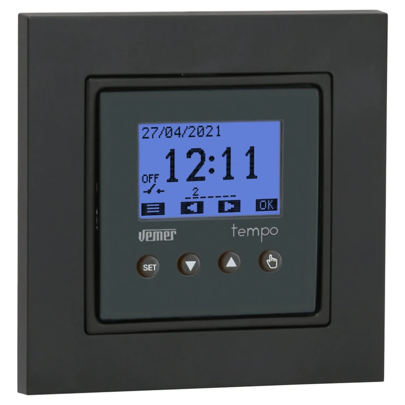VEMER VE787501 TEMPO-INT Digital Switch for Time or Astronomical Programming, Ideal Timer for Shutters, Lights, Gates, Installation on Round Recessed Box, White and Grey - Image 1