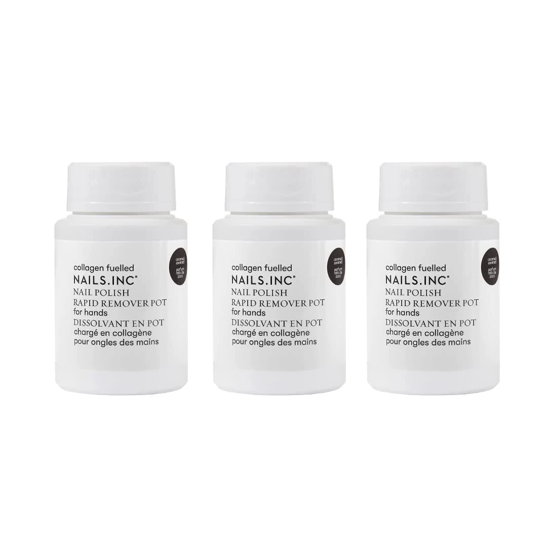 Nails.INC Nail Polish Remover Pot Trio, Formulated with Collagen to Promote Nail Strength and Growth, Coconut Scented, Acetone Free, Cruelty Free, Vegan 3 Piece Set