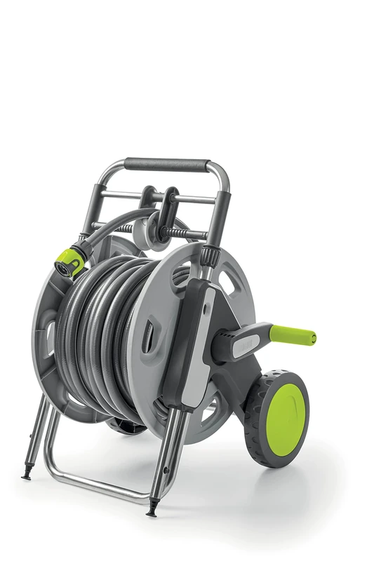 G.F. Srl, Concept Easy Guide, Plastic and Metal Hose Reel Equipped with 30 Meters of ø 5/8" Pipe, Power Jet Irrigation Gun, Automatic Fittings and Faucet Socket, Grey/Green
