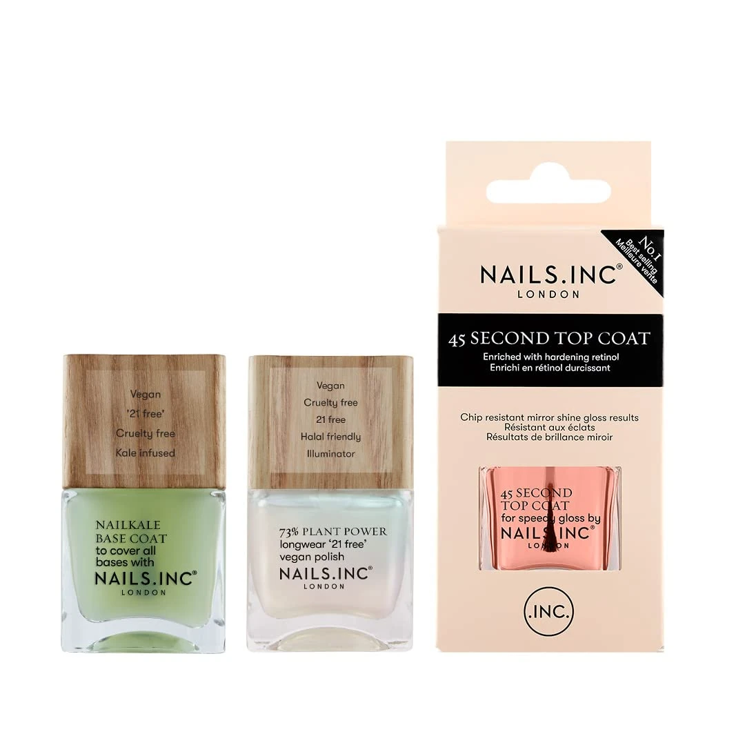 Nails Inc Glow For Good Nails, Plant Based Power Polish, Top Coat Enriched With Retinol, Glossy, No Chip, Long Lasting, Quick Dry, Cruelty Free, Vegan, 3 Piece Set