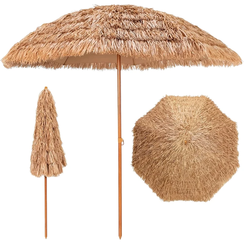 Pincho Straw Parasol Outdoor Terrace 200 cm, Hawaii Garden/Beach Parasol Fibreglass Ribs, Polyester Fabric + PP, Steel Tube Lacquered in Wood Colour